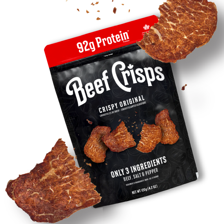 Canadian packaging of Beef Crisps original beef jerky chips showing 92g protein and only three ingredients beef salt and pepper with crispy pieces floating around